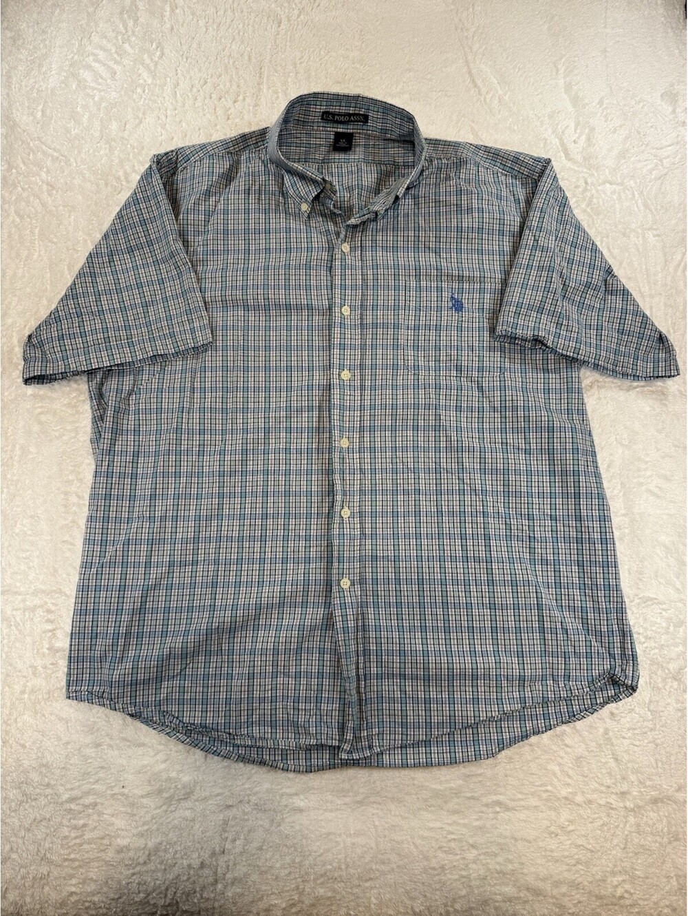 Ralph Lauren Blake Button Down Shirt Blue Seersucker Gingham Check Mens XL A1005